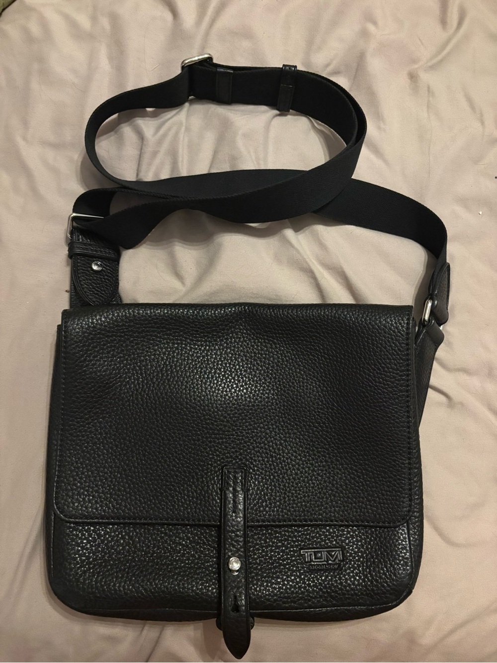 Tumi Black Pebbled Leather Messenger Crossbody Bag